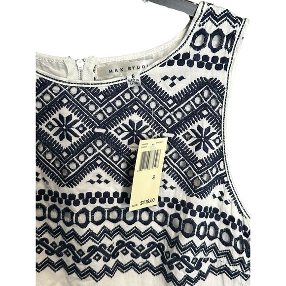 NWT $118 Max Studio Size Small White Navy Cotton Embroidered Summer Dress #I14-5 - Picture 3 of 11